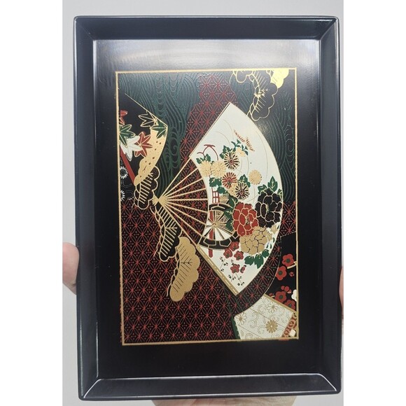 Vintage Otagiri Japanese Lacquerware Serving Trinket Tray Fans Floral Motif Set - Picture 6 of 12